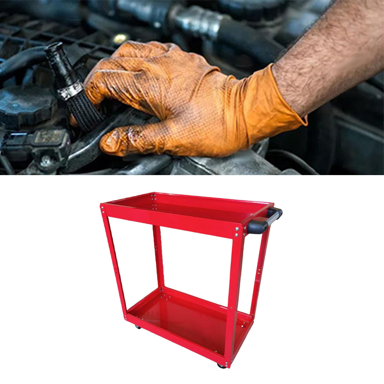 Carrello Portautensili di Servizio con 2 Vassoi, Carrello Multiuso con Rotelle Durevole per Officina di Riparazione Auto, Organizer Mobile per Attrezzi, Acciaio Laminato a Freddo, 1 unità