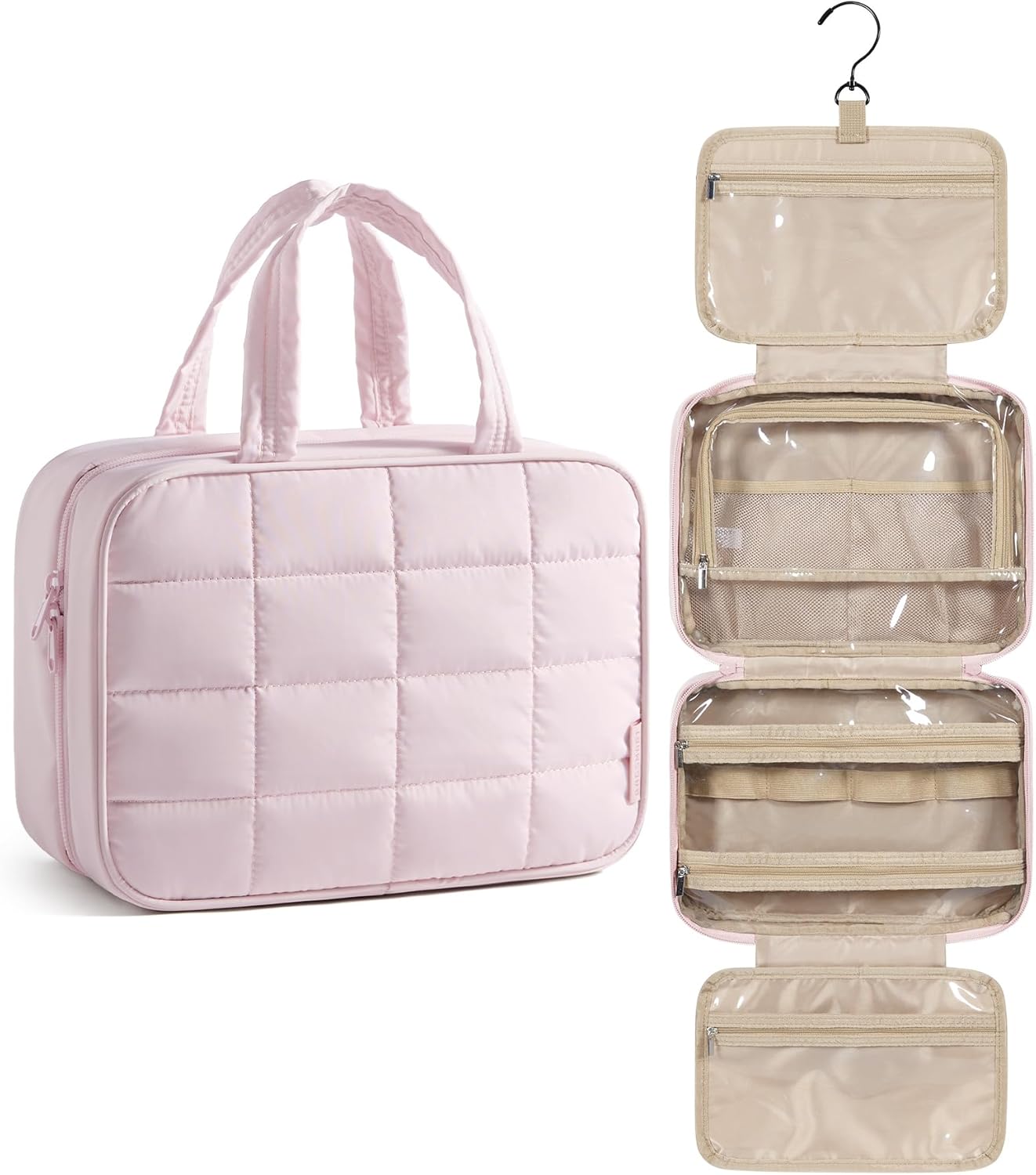 BAGSMART Travel Toiletry Bag for Womne, Hanging Travel Bag for Toiletries, Puffy Makeup Cosmetic Bag Organizer, Carry-on Travel Accessories Essentials, Pink