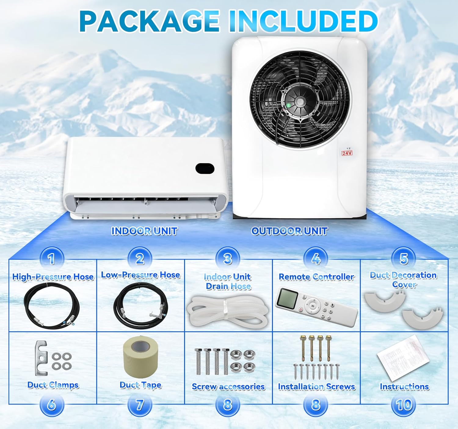 24V Truck Air Conditioner, 10000 BTU Split AC Unit, 24V Air Conditioner - Mini Split DC APU for Trucks/RVs/Vans - Low Noise Cooling System (Semi, Pickup, Sleeper Cab, Buses, Car)
