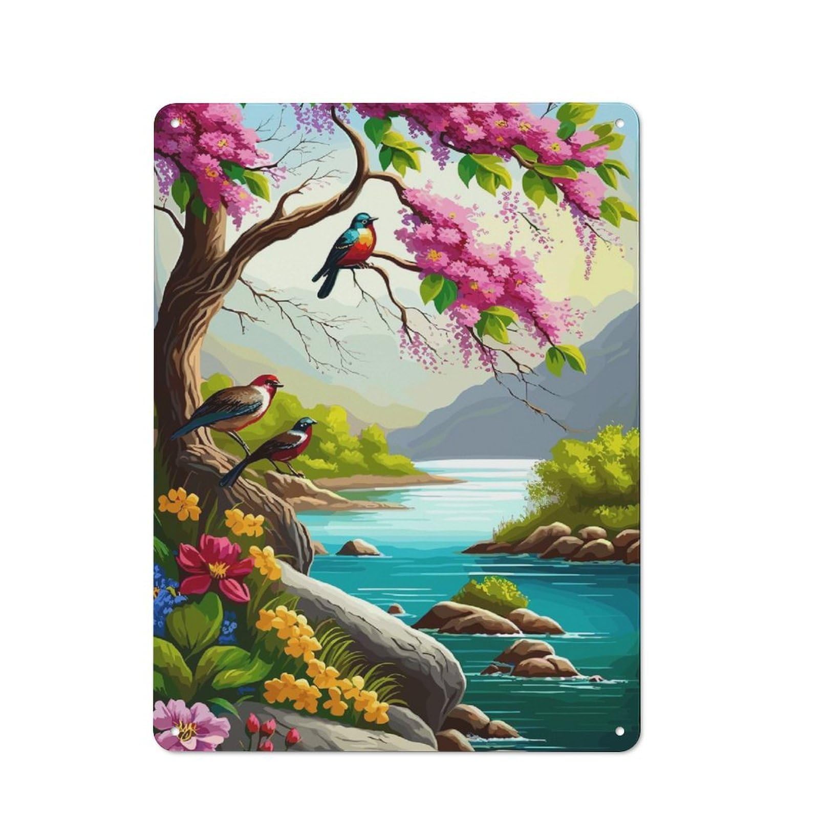 Junmoney Birds And Blossoms By The River Retro Metal Wall Decor 40X30cm, Tin Wall Sign For Bakery, Diner, Cafe Or Family Room