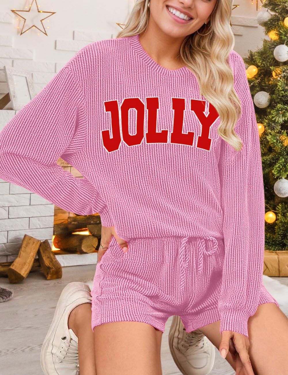 Deer Lady Two Piece Sets for Women 2026 Fall Outfits Ribbed Long Sleeve Top and Shorts Pajama Pocketed Matching Lounge Set - Image 6