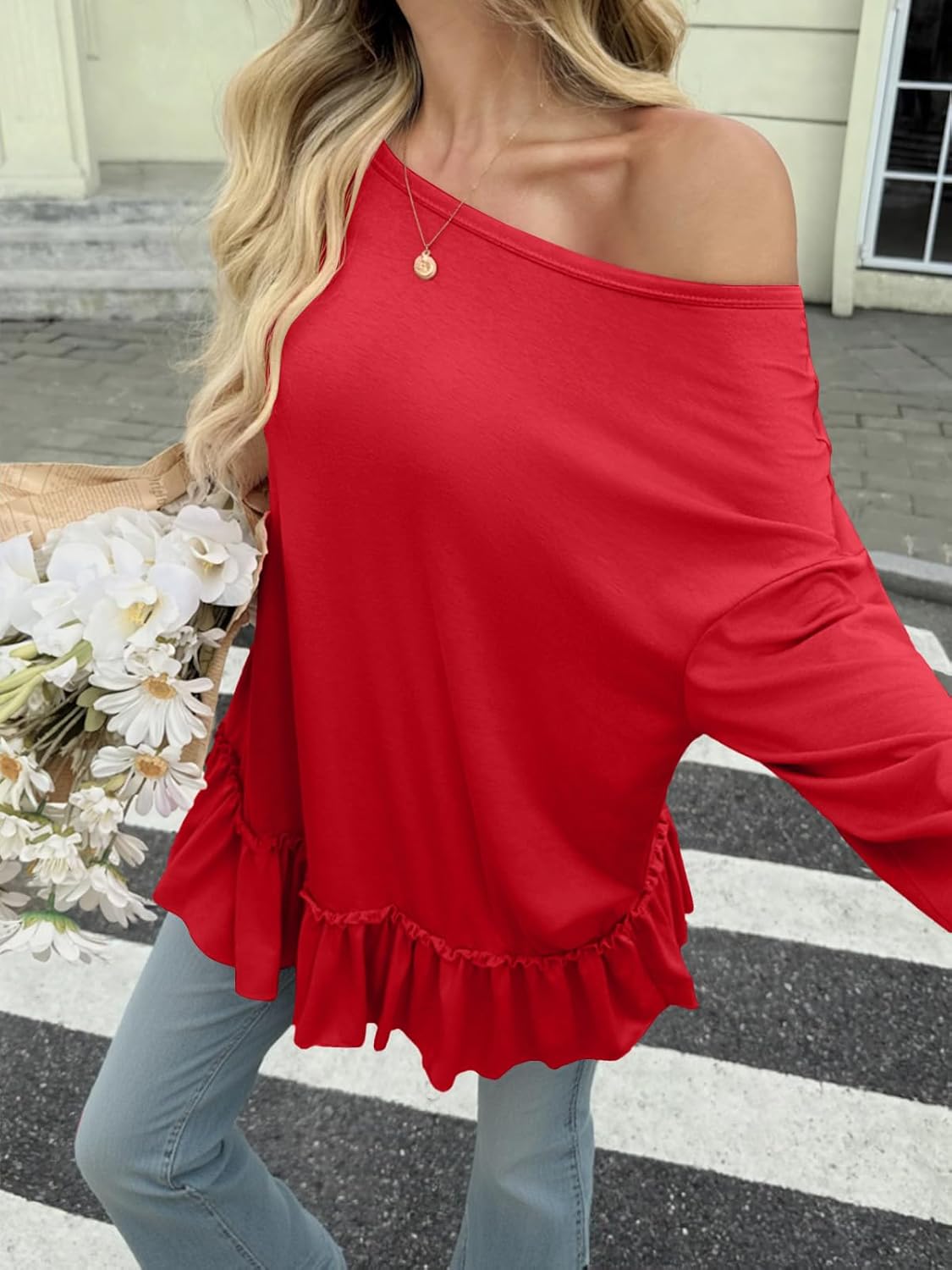 Tankaneo Womens Oversized Peplum Tunic Tops Long Sleeve Babydoll Tops Casual Pleated Shirts Crew Neck Flowy Loose Fit Tees - Image 3