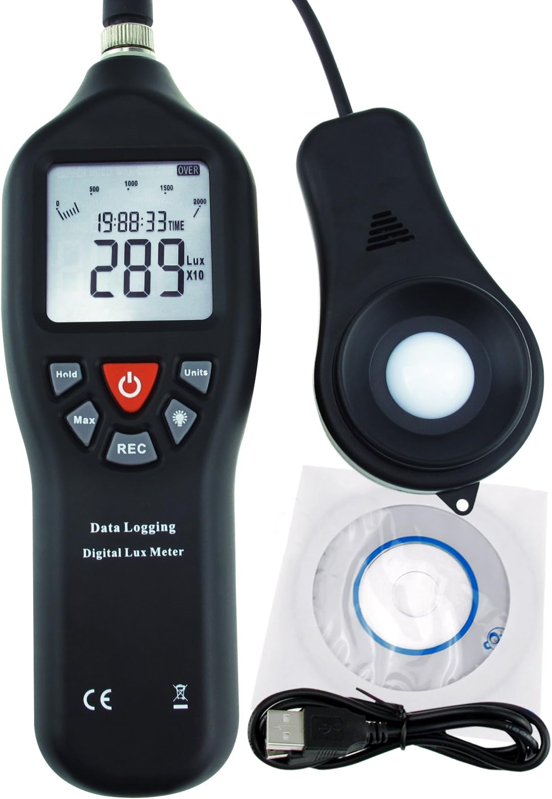 Gain Express Digital Light Meter Lux Meter Measurement Range Detachable Sensor 0 to 200,000 Lux Min/Max/Avg Functions (with Data Record Function) + CD Software w/USB Power Cable