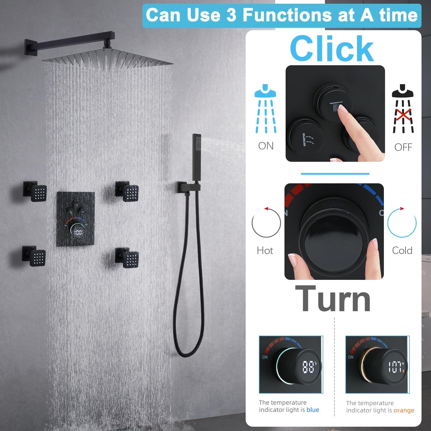 Diagram showing how to select shower functions and adjust temperature
