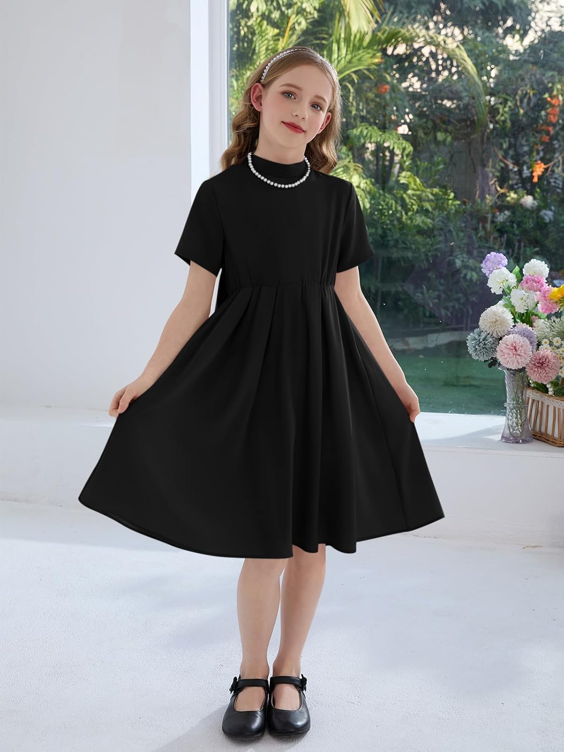Haloumoning Girls Dresses Kids Back Bow Mock Neck Short Sleeve A-Line Party Midi Dress with Pockets 5-14Y - Image 2