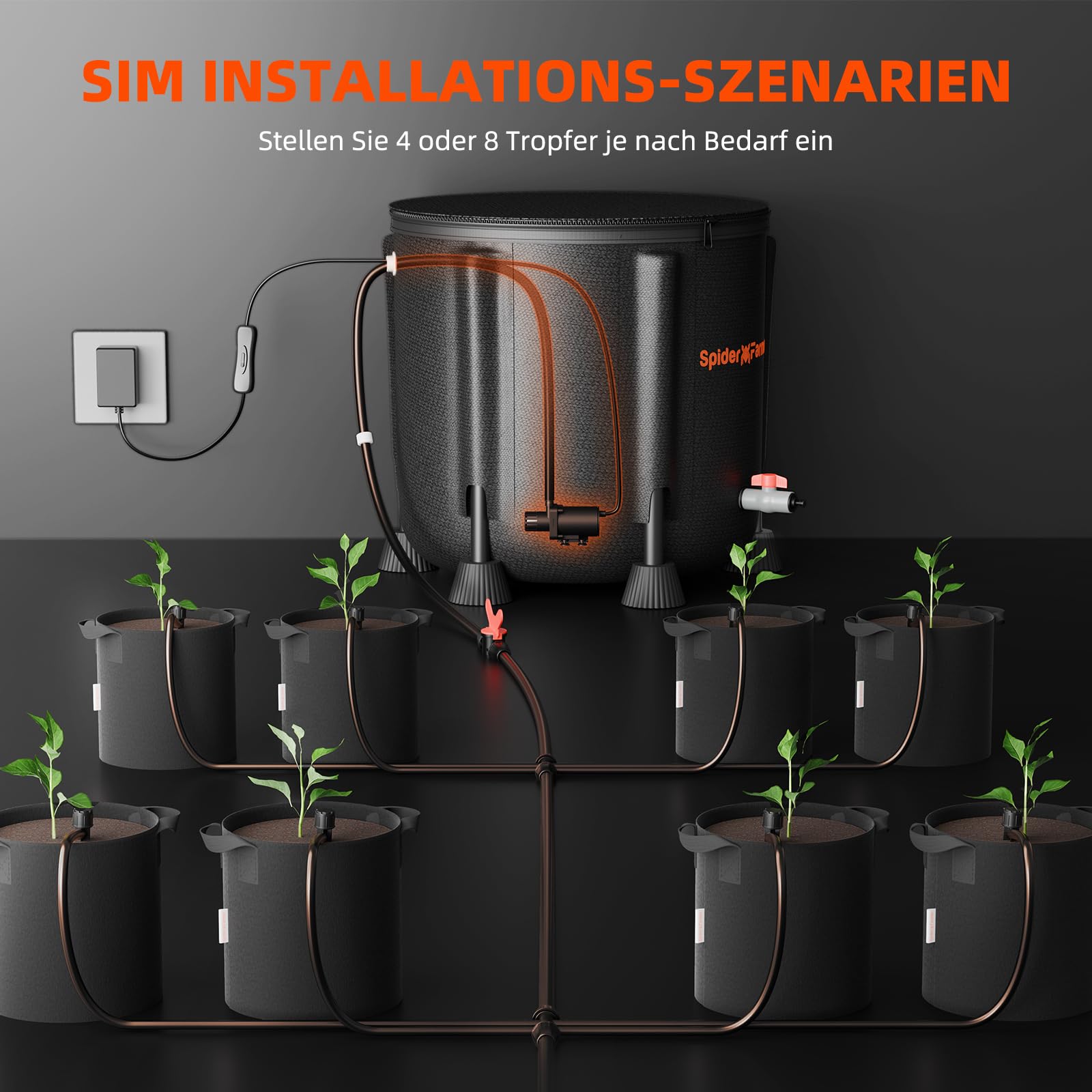 Kit Spider Farmer per sistema di irrigazione a goccia, con secchio 13 galloni, pompa 25 W, sensore basso livello, sistema irrigazione automatico