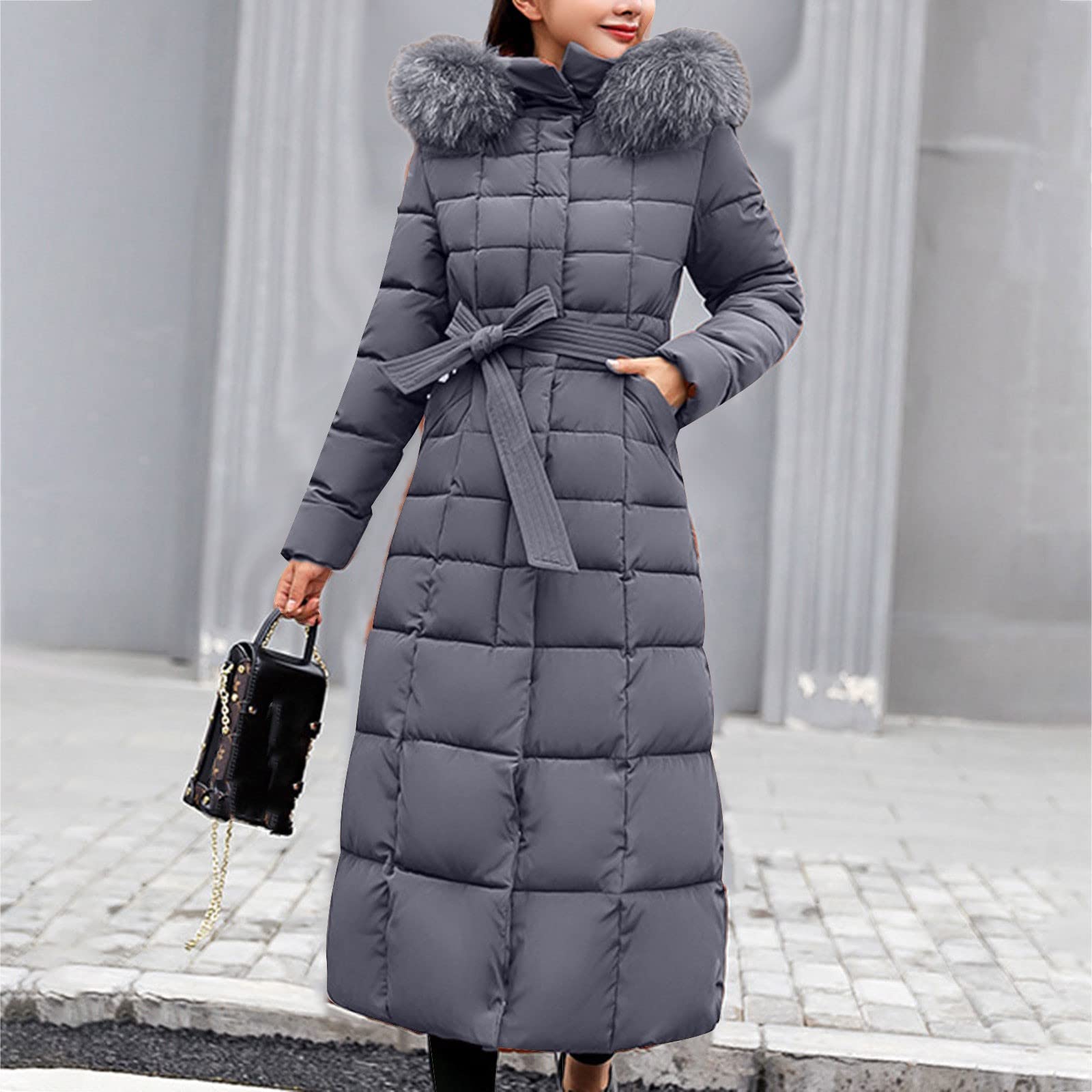 Piumino trapuntato da donna invernale - piumini lunghi per le donne piumini trapuntati giacca a vento slim fit cappotto con tasche piumini parka con cappuccio in pelliccia cappotto con cintura piumino