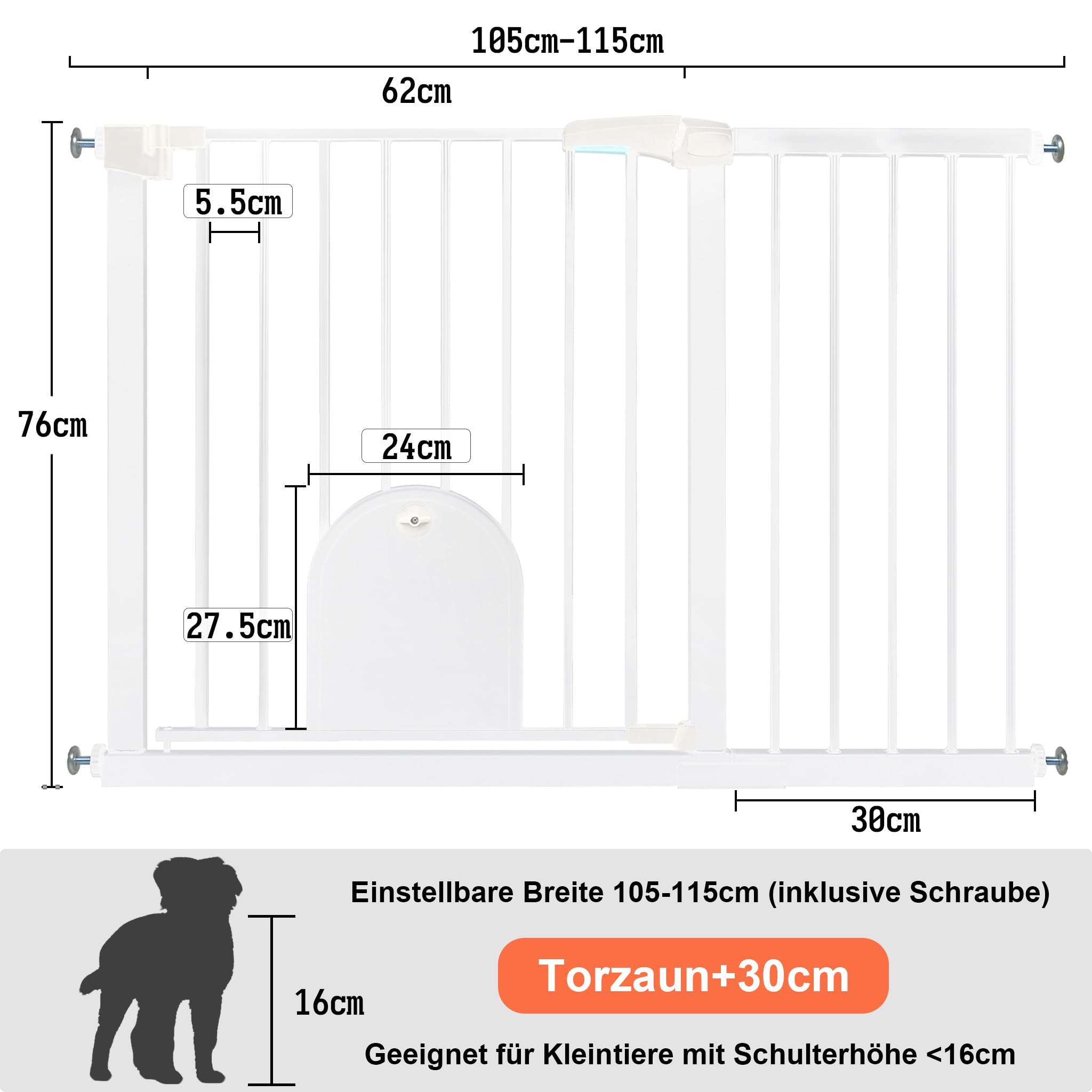 Cancello Di Sicurezza Per Bambini 105-115 Cm - Senza Foratura, Doppia Serratura, Auto-chiudente, Nero
