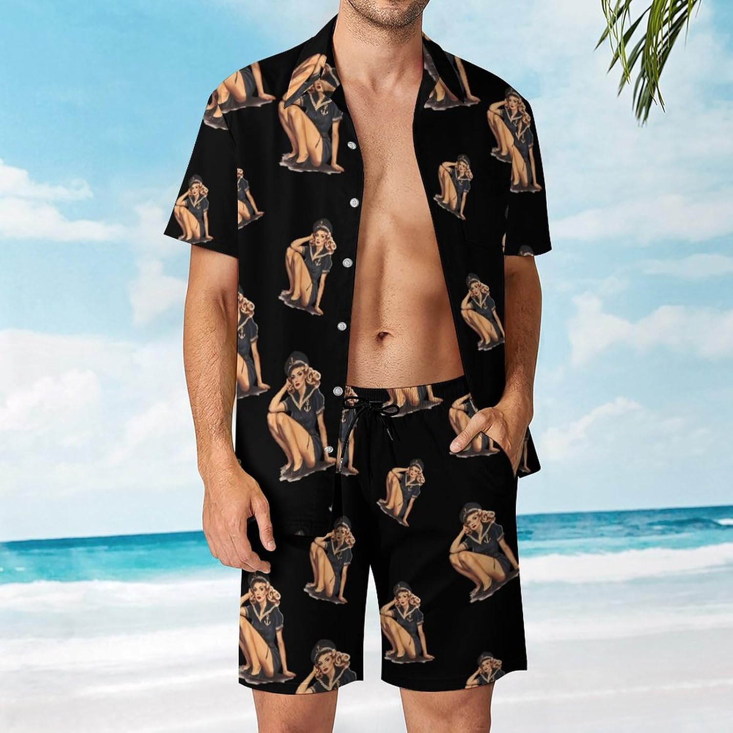 Pin-Up-Girls In Navy Uniform Men's Summer Beach Outfits Shirt And Shorts Set 2 Piece Vacation Swimwear