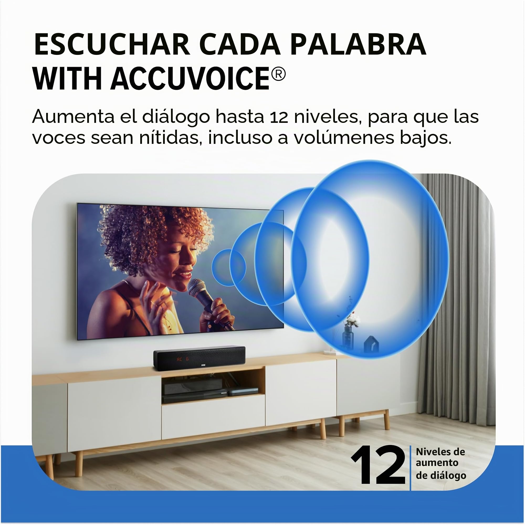 ZVOX AccuVoice AV157 - Barra de sonido aclaradora de diálogo, 12 niveles de impulso de voz | Tecnología patentada de audífonos, altavoz compacto de TV de cine en casa de 17 pulgadas, conexión simple, color negro