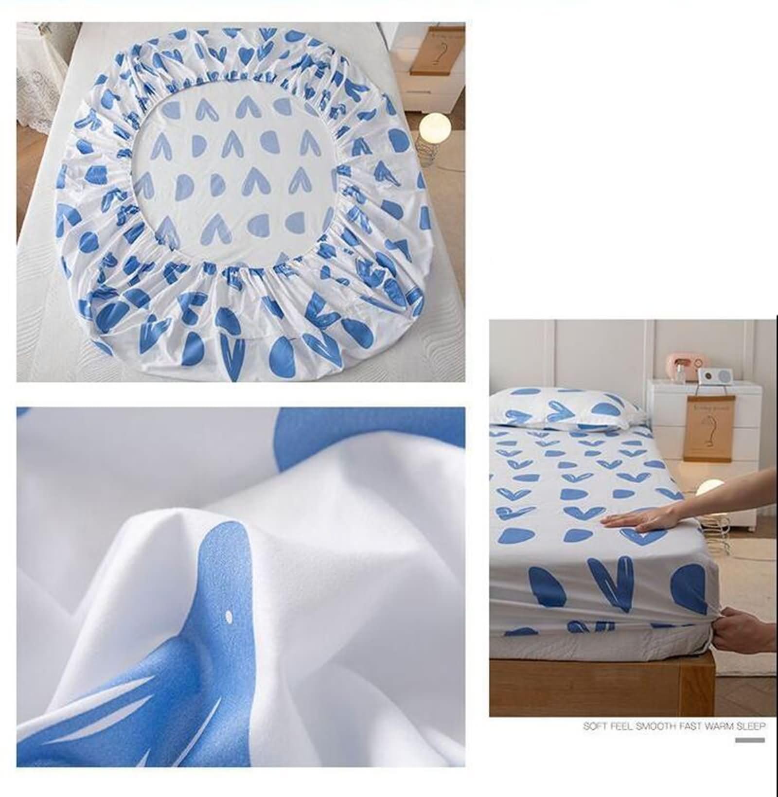 Spannbettlaken 120x200cm, Polyester Herz-Muster Spannbetttücher Bettlaken mit 1 Kopfkissenbezug Weich und Knitterfrei, Blau Weiß, Stil 8