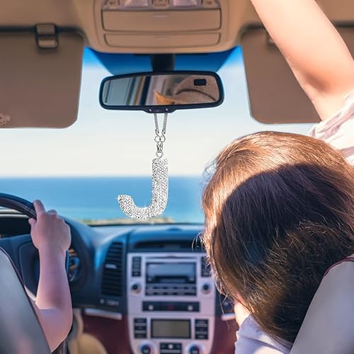 Miniatura 3 de Adorno para espejo retrovisor de automóvil con inicial para colgar en cristal de la suerte, accesorios de automóvil brillantes para mujer, dije
