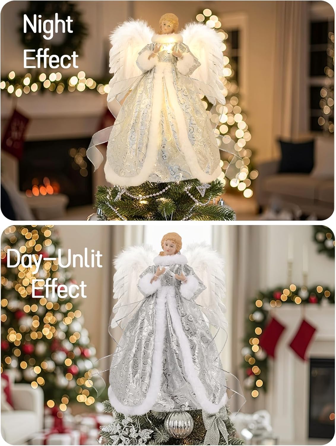 HOHOTIME 14'' Angel Tree Topper with White Feather Wings and Silver Skirt, Christmas Tree Topper with LED Light for Xmas Tree Top Decor Holiday New Year Home Ornament Decorations - Image 3