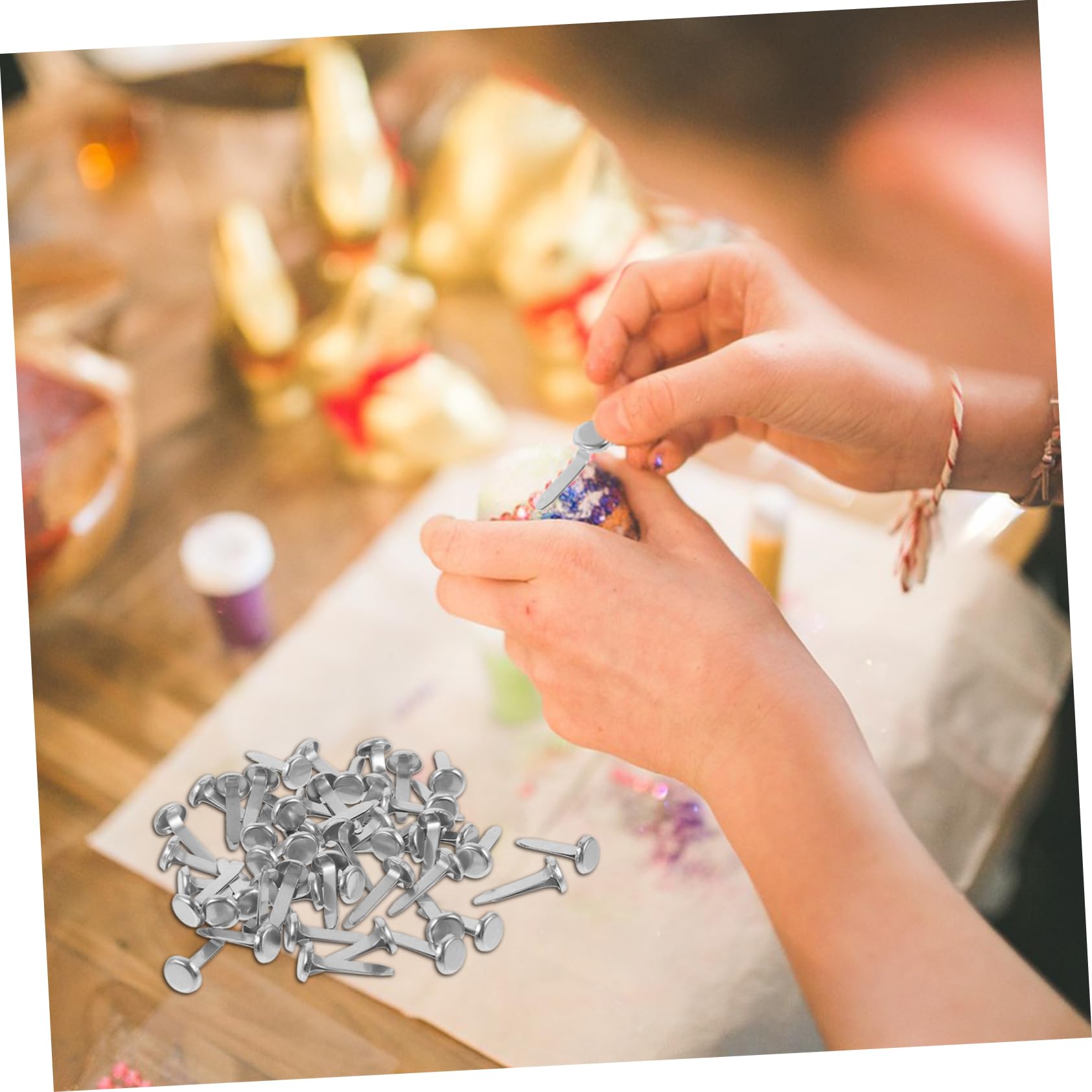 VILLCASE 50pcs Metal Fasteners Decorative Nails for Craft DIY Paper Brads Round Head Fasteners for Paper Crafts