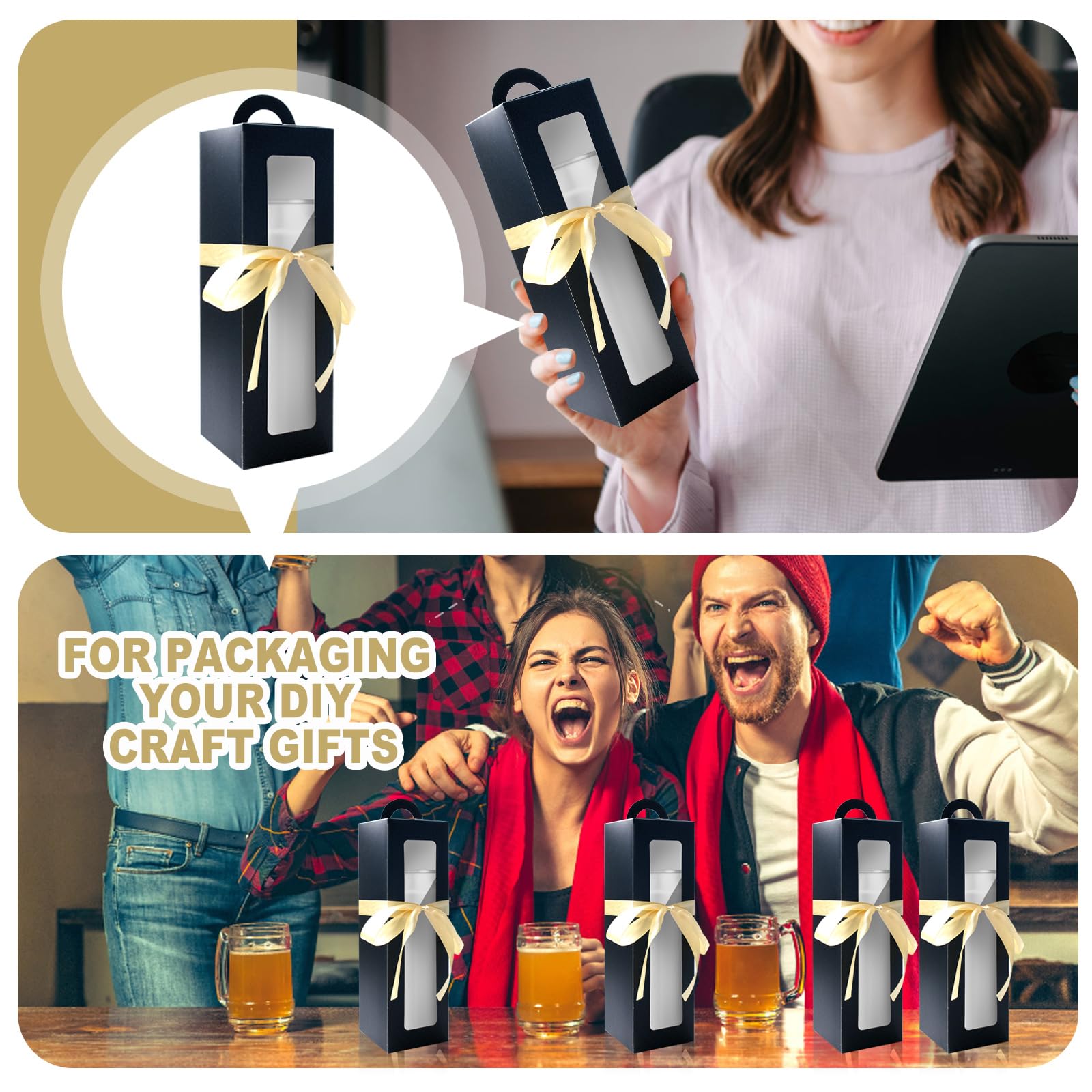 SENONAPO 30 Stück Geschenkbox-Sublimationsgläser mit Griff und Schleife, Geschenk-Box, 27,9 x 8,6 x 8,6 cm, Weinflaschenverpackung, Verpackung für Heißpresse, Rohlinge, Flasche, transparente