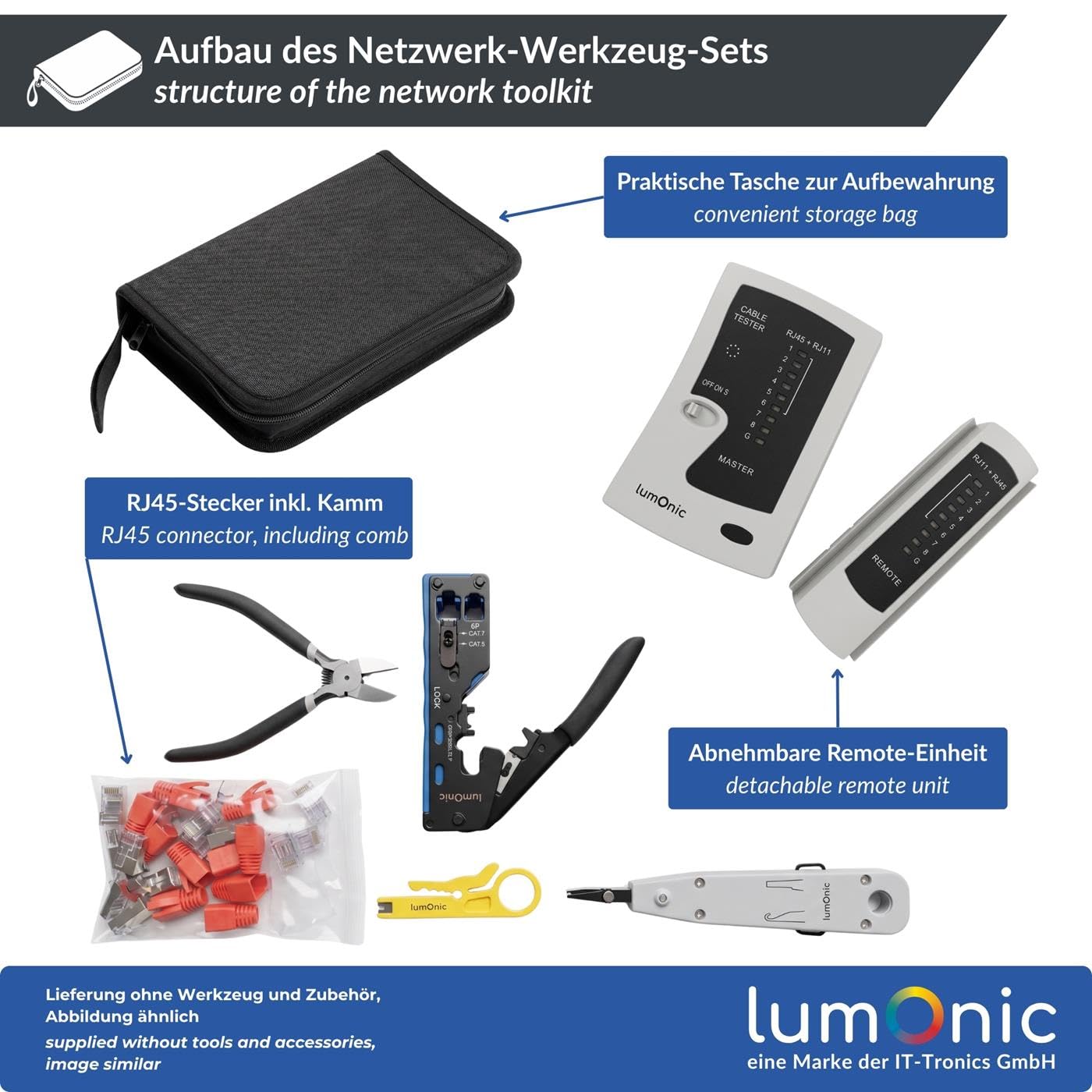 Lumonic Juego de herramientas para redes con alicate de crimpado y comprobador de redes: alicate de crimpado «pass-through» y conectores, herramienta de montaje LSA para Krone y 110, comprobador de re