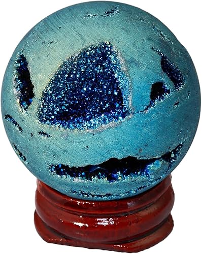 Nupuyai Esfera de ágata de geoda drusa recubierta de titanio con soporte de madera bola de cuarzo de cristal de energía curativa para decoración de