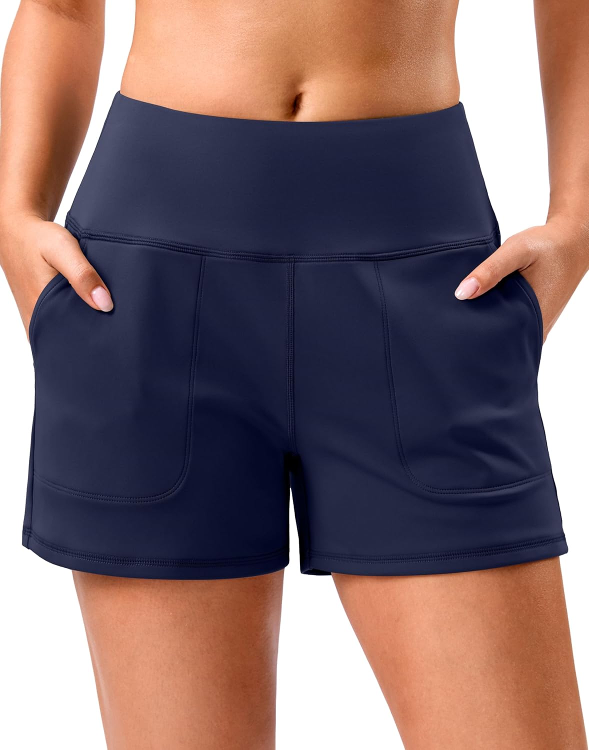 SANTINY 3.5" Linerless Shorts for Women - High Waisted Athletic Running Shorts with Pockets for Wokrout, Tennis, Lounge