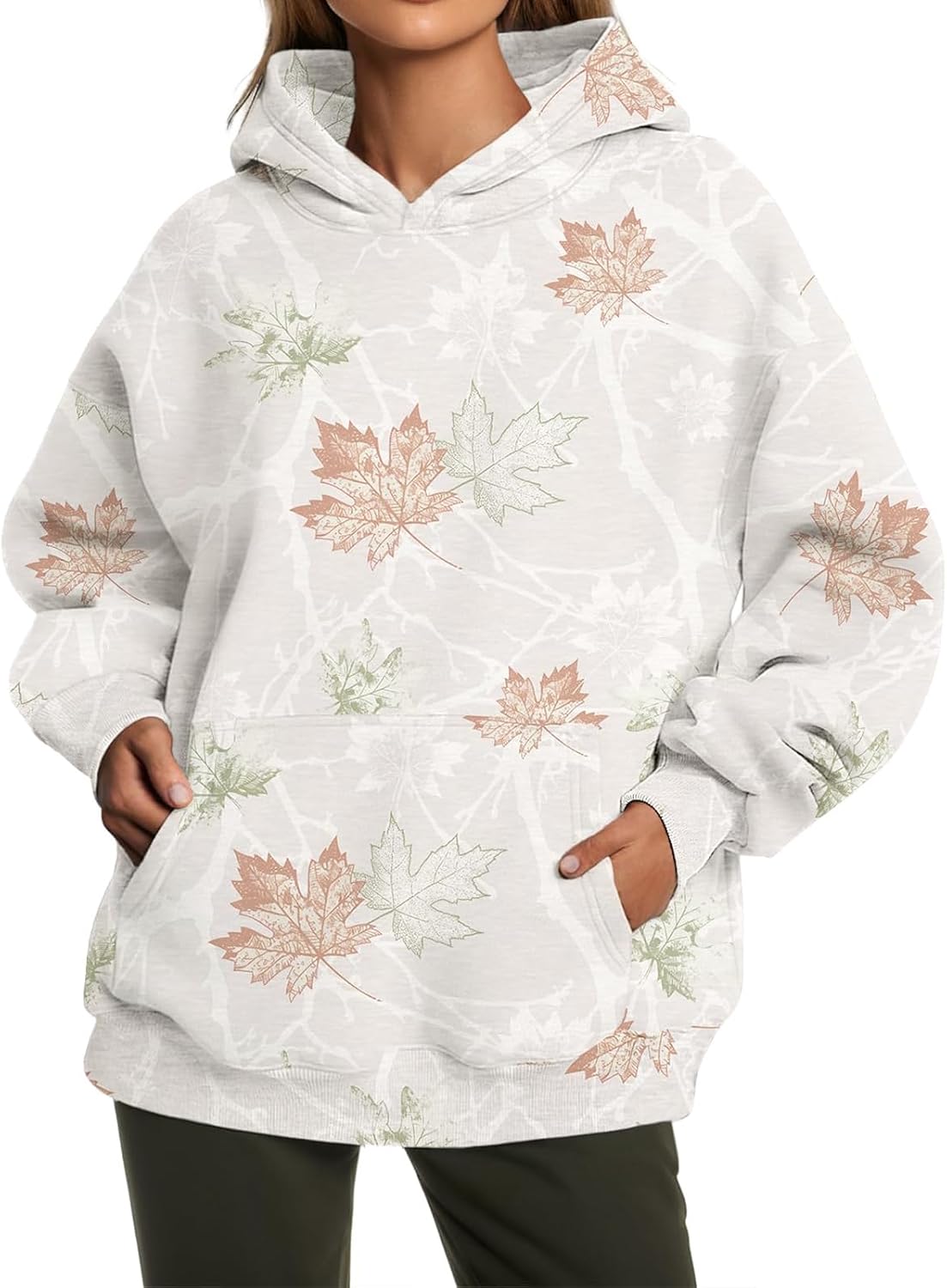 Womens Camo Hoodies Fleece Oversized Hooded Sweatshirts for Cute Maple Leaf Print Classic Pullover with Pocket