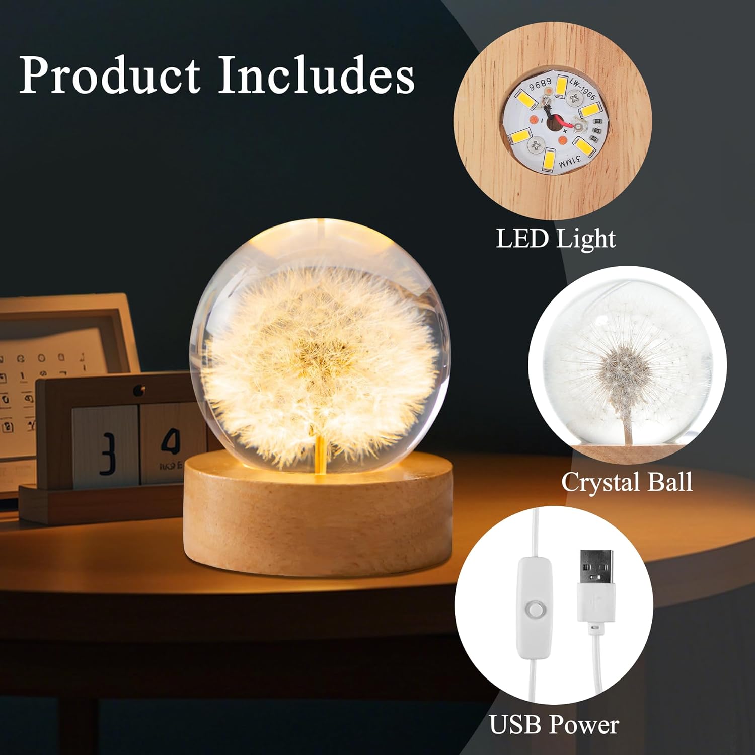 Dandelion Decor Gifts,Dandelion Flowers Lamp Crystal Ball Night Light,2.4 Inch Glass Ball Lamp with LED Wooden Base, Soft Warm White Lighting for Women Best Friends Sister Birthday Xmas Aesthetic Gift