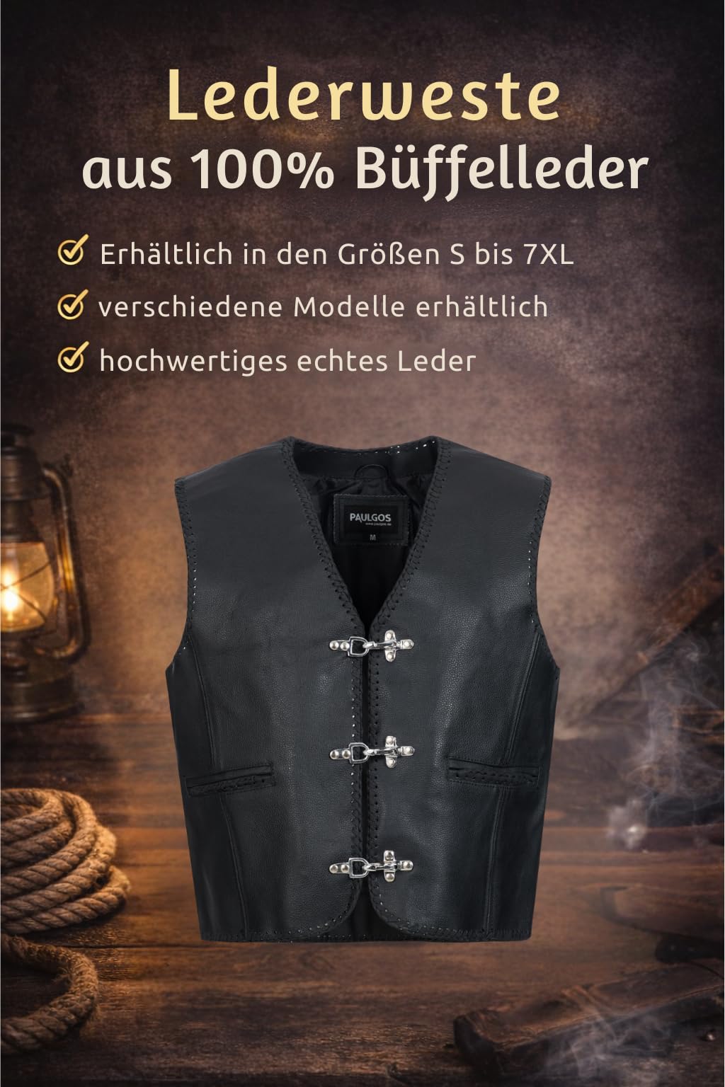 PAULGOS Lederweste Weste Kutte Leder Biker Rocker Motorrad Clubweste Bikerweste Motorradweste Schwarz BW1