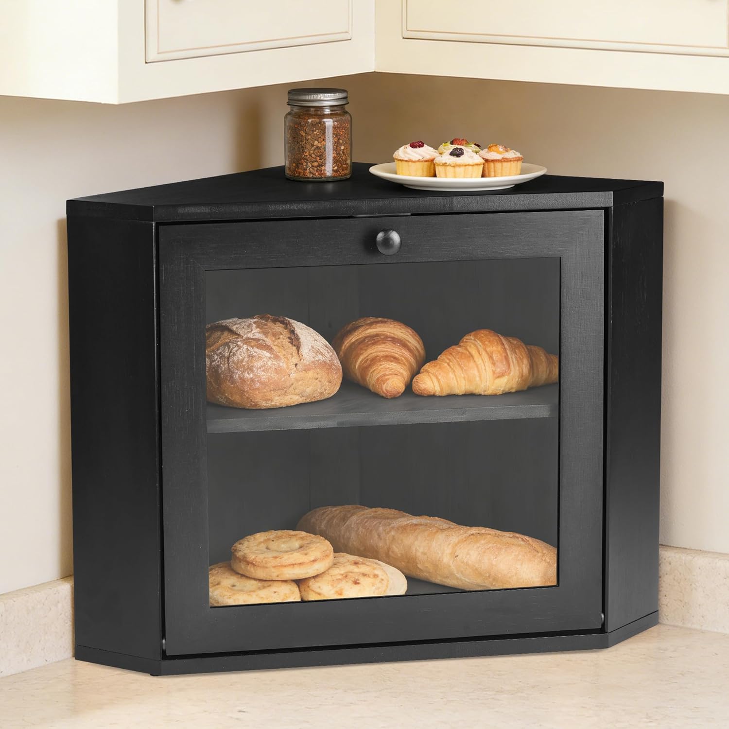 Corner Bread Box for Kitchen Countertop, Large Black Bamboo Double Layer Farmhouse Storage Bin with Window for Homemade Bread, Snacks, Cookies