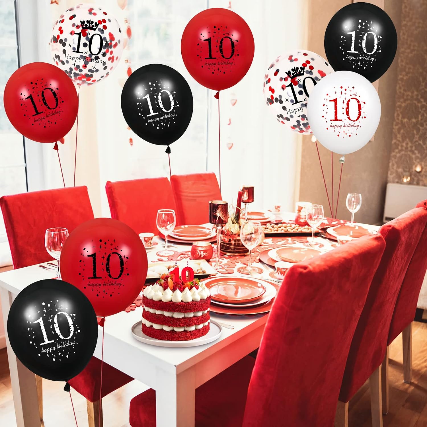 Globos de cumpleaños número 10, 16 globos rojos y negros de feliz