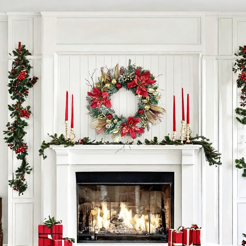 Couronne de Noël lumineuse de 40,6 cm avec poinsettia rouge et pommes de pin dorées à paillettes pour décoration de porte, mur, cheminée