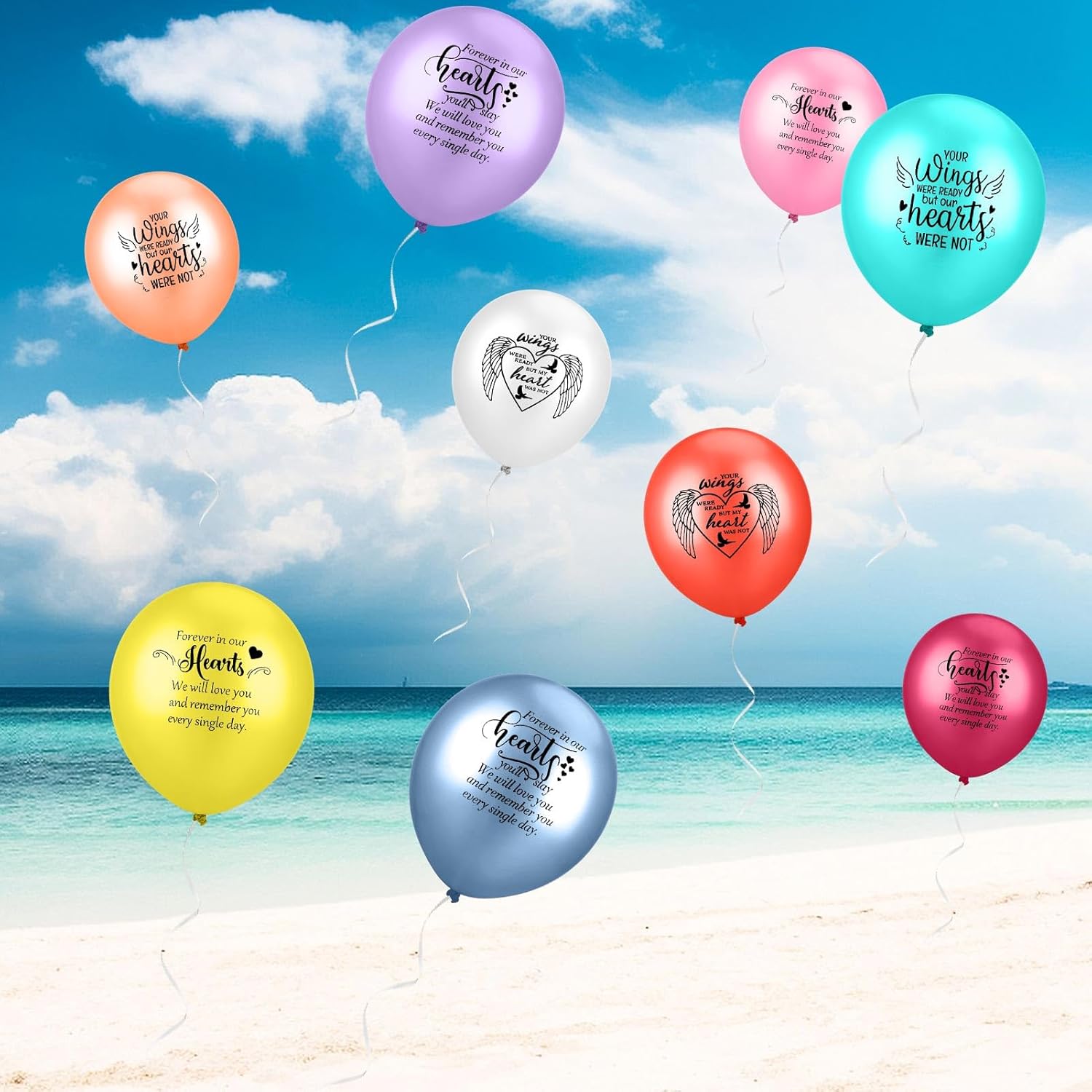 72 Pcs Memorial Balloons 12 Inch Latex Balloons with Ribbons for Memorial Day Funeral Decoration Heart Forever