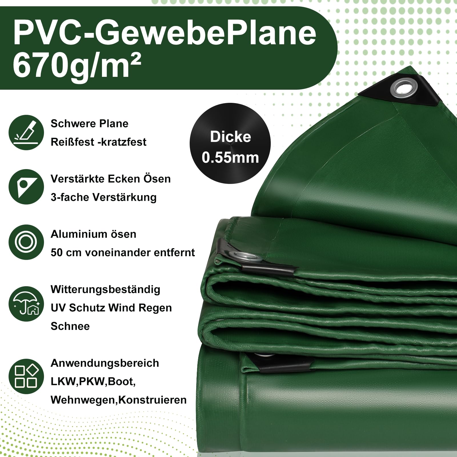 Afdekzeil 670 g/m² Vrachtwagenzeil met ogen Premium PVC-weefselzeil Waterdicht-scheurvast Versterkte randen, houtafdekzeil Beschermzeil voor vrachtwagen, auto, aanhanger, zwembad, bouwwerkzaamheden
