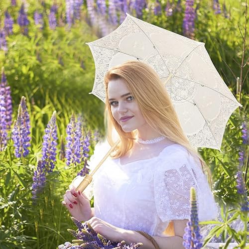 Miniatura 6 de Vensans Sombrilla de encaje hecha a mano con bordado de flores de encaje sombrilla de boda y novia L-beige