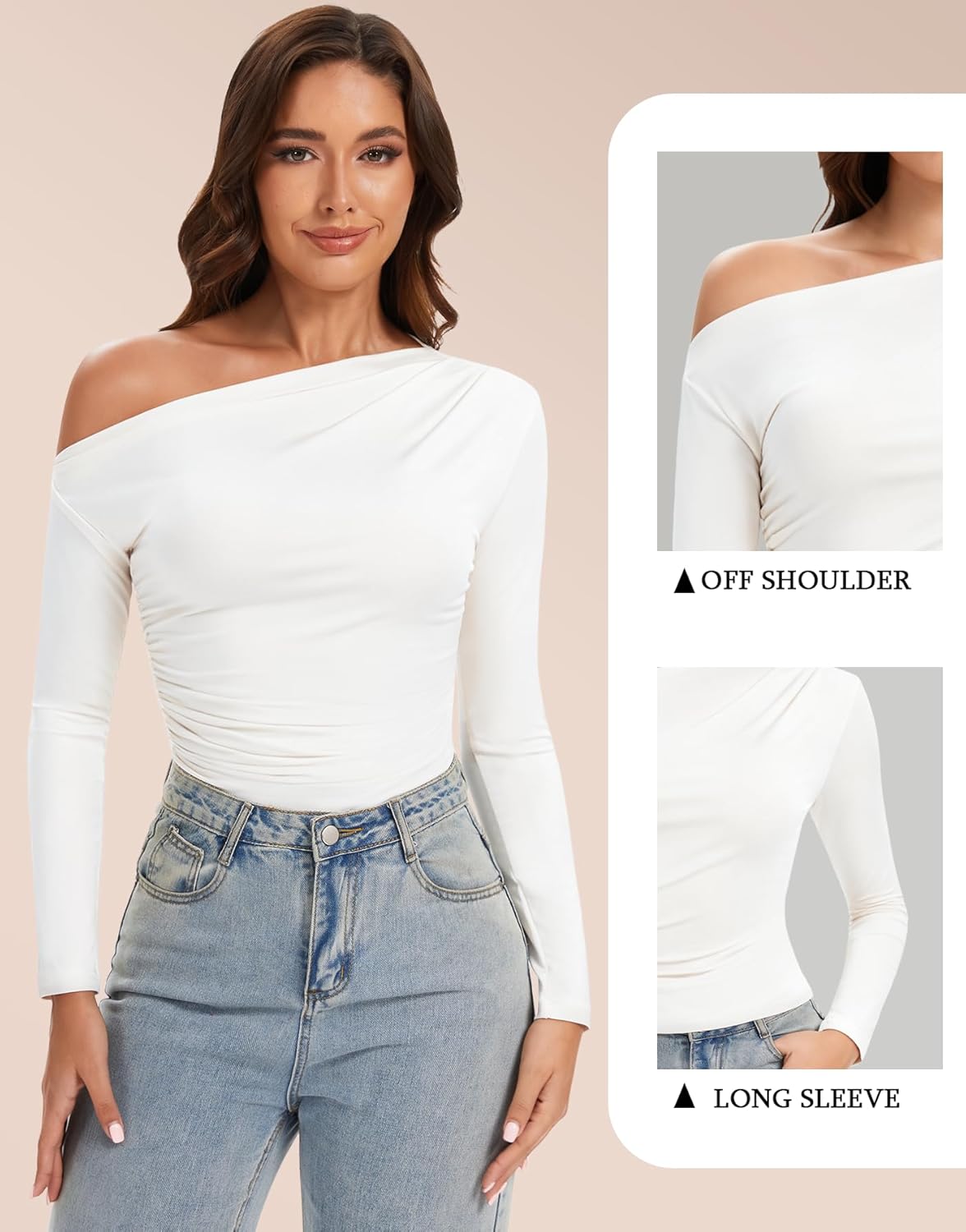 Jenbou Women's Off The Shoulder Tops Long Sleeve Boat Neck Y2K Slim Fit Going Out Crop Top - Image 6