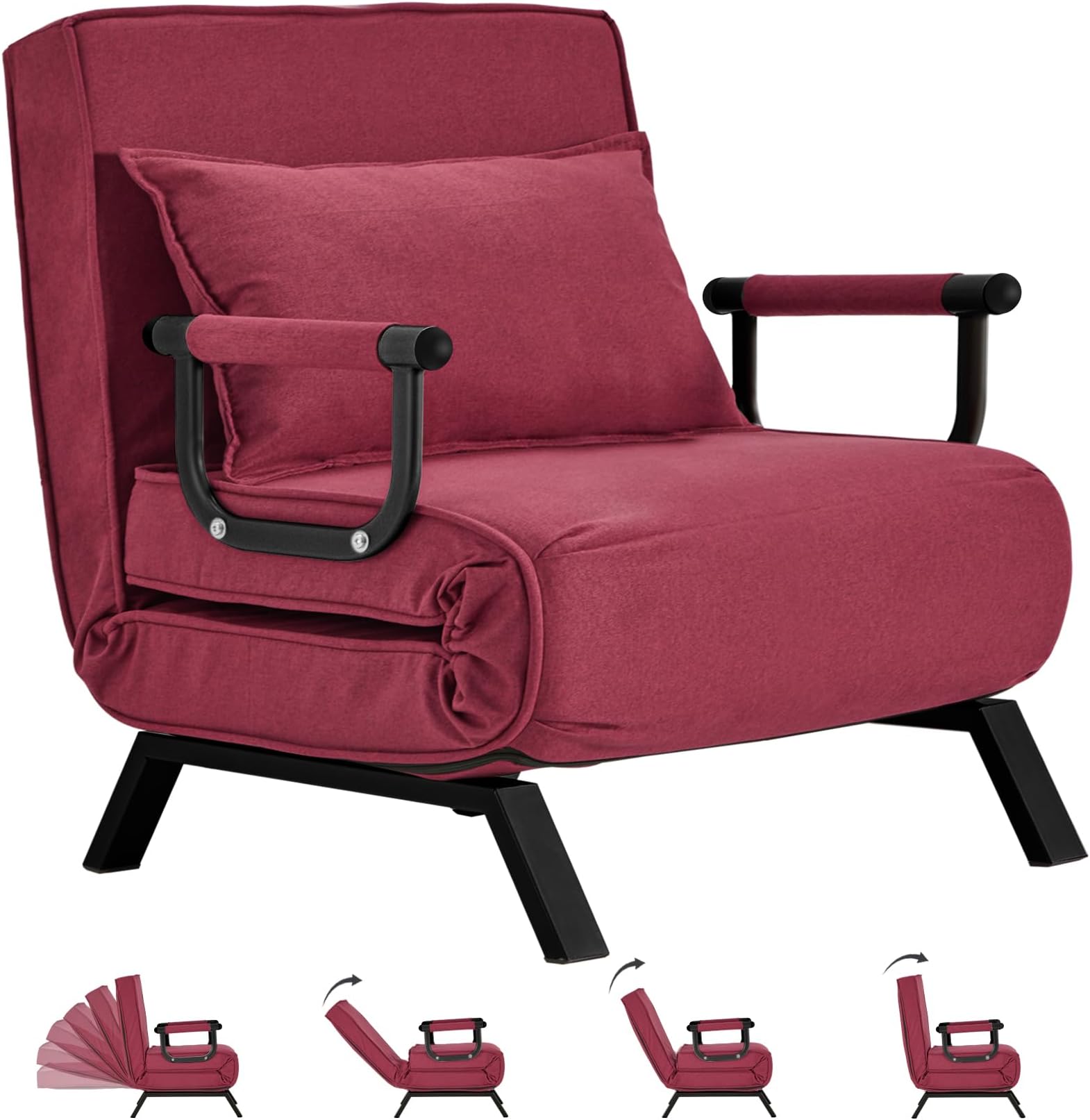 Hupmad Convertible Bed Sleeper Chair,Tri-fold Upholstered Armchair Sleeper with Pillow,Folding Leisure Chaise Lounge Couch,6 Angle Adjustable Backrest Single Lazy Bed for Office (RED, Regular)