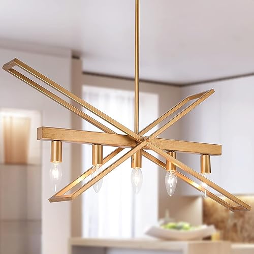 Candelabros dorados para comedor, 5 luces modernas lineales para isla de cocina, lámpara de araña grande de 31 pulgadas con acabado dorado