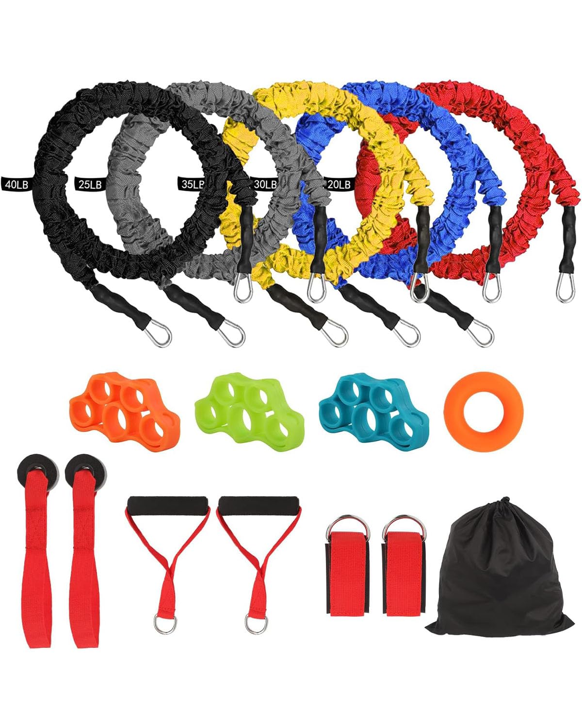 Juego de bandas de resistencia, paquete de 15 bandas de resistencia con asas, tubos de resistencia, bandas de 20 a 40 libras para entrenar, bandas de resistencia elásticas para entrenamiento, yoga