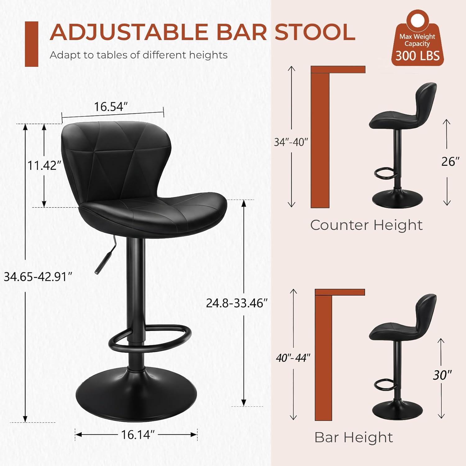 TLSUNNY Bar Stools Set of 2/4, Adjustable PU Leather Swivel Bar Chairs, Barstools Counter Height with High Backrest and Footrest, Upholstered Bar Stool for Bar Kitchen Dining Room (4pcs, Black)
