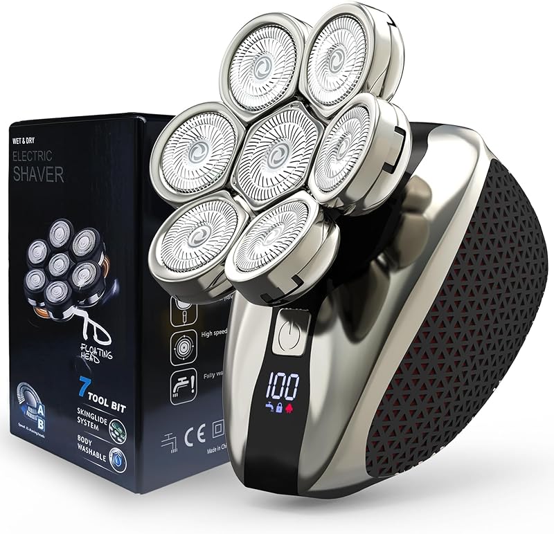 Barbeador elétrico rotativo LAJCAEN 7D com display LED, cabeça removível e uso seco ou úmido, preto