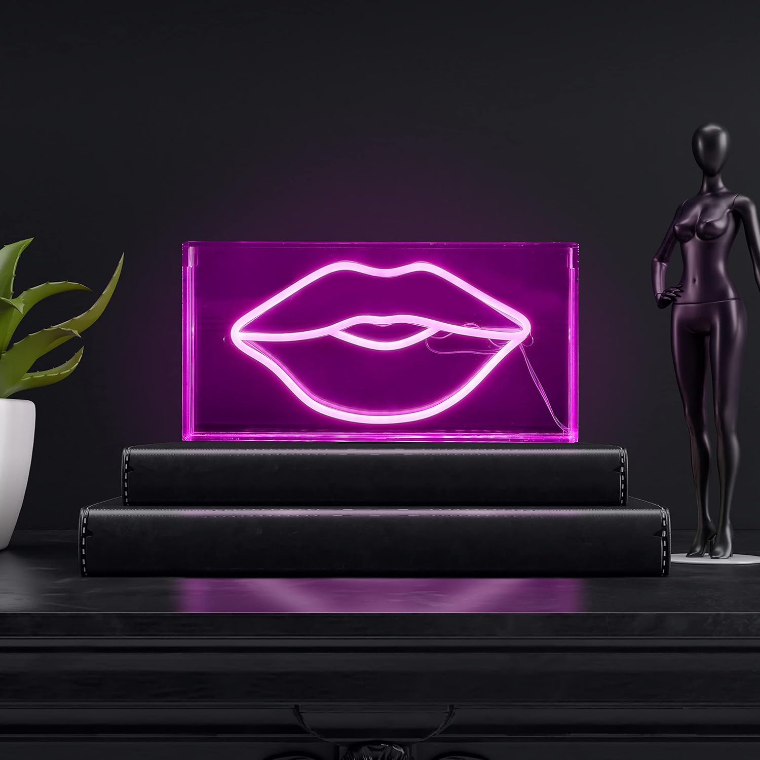 JONATHAN Y 11.88"W x 5.88"H Pink Lips LED Neon Light, USB Operated, Contemporary Glam Acrylic Box Sign for Tabletop or Wall, Pink Neon Decor for Bedroom, Dorm, Nursery NEN1024A