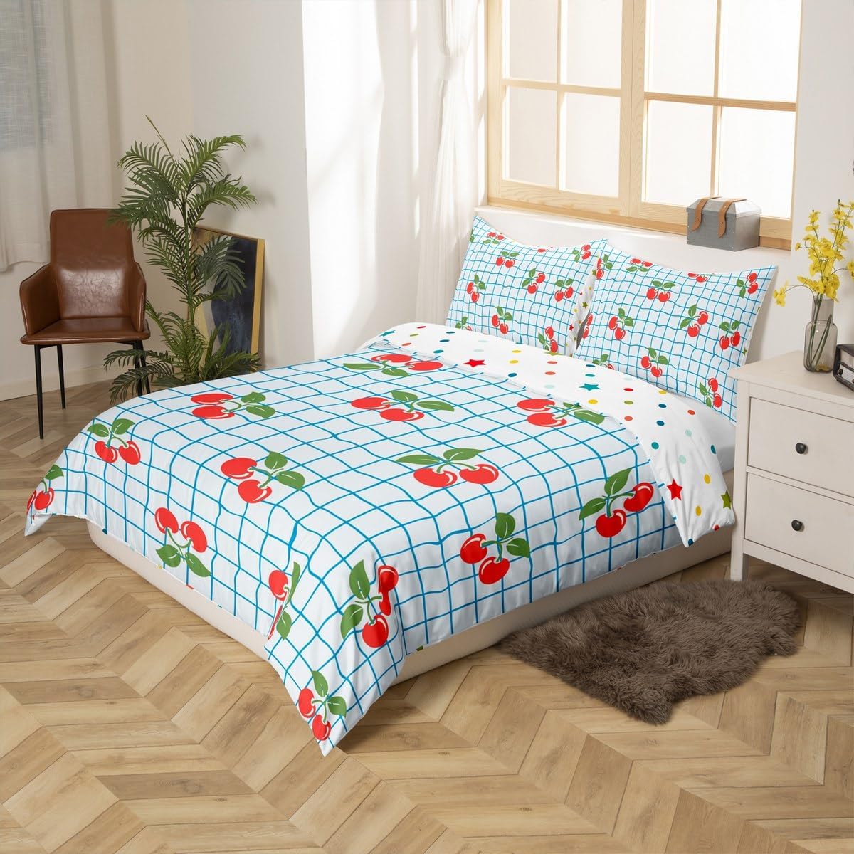 jejeloiu Cute Cherry Comforter Cover Set Cherry Fruit Duvet Cover Set for Kids Boys Girls Blue Grid Plaid Print Bedding Set Kawaii Watercolor Quilt Cover Room 2Pcs Toddler Size,Zipper,No Comforter