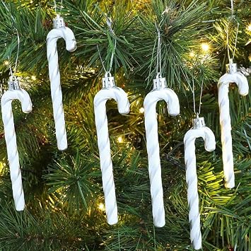12pcs Plastic Christmas Glitter Candy Cane Ornaments Candy Canes Decorations Christmas Tree Hanging Decorations for Xmas Crafts Indoor Outdoor Decor (Silver)