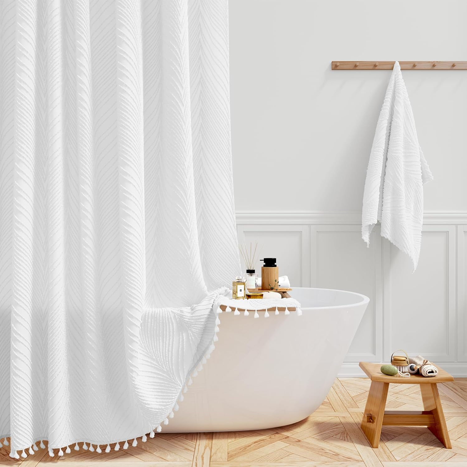 BTTN 80 Inch Long Shower Curtain - 72x80 Boho Farmhouse Tufted Leaves Textured Striped Fabric Shower Curtain Set with Plastic Hooks, Tall Country Shabby Chic Cloth Shower Curtains for Bathroom, White
