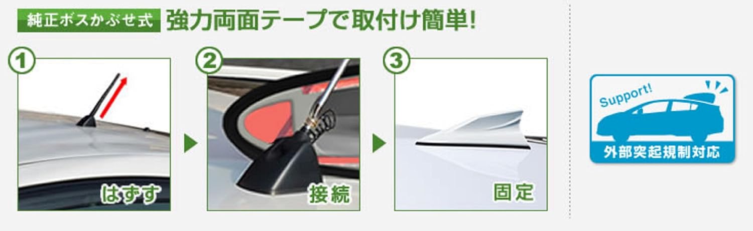 Three-step installation guide showing removal of old antenna, connection of new antenna, and final fixation.