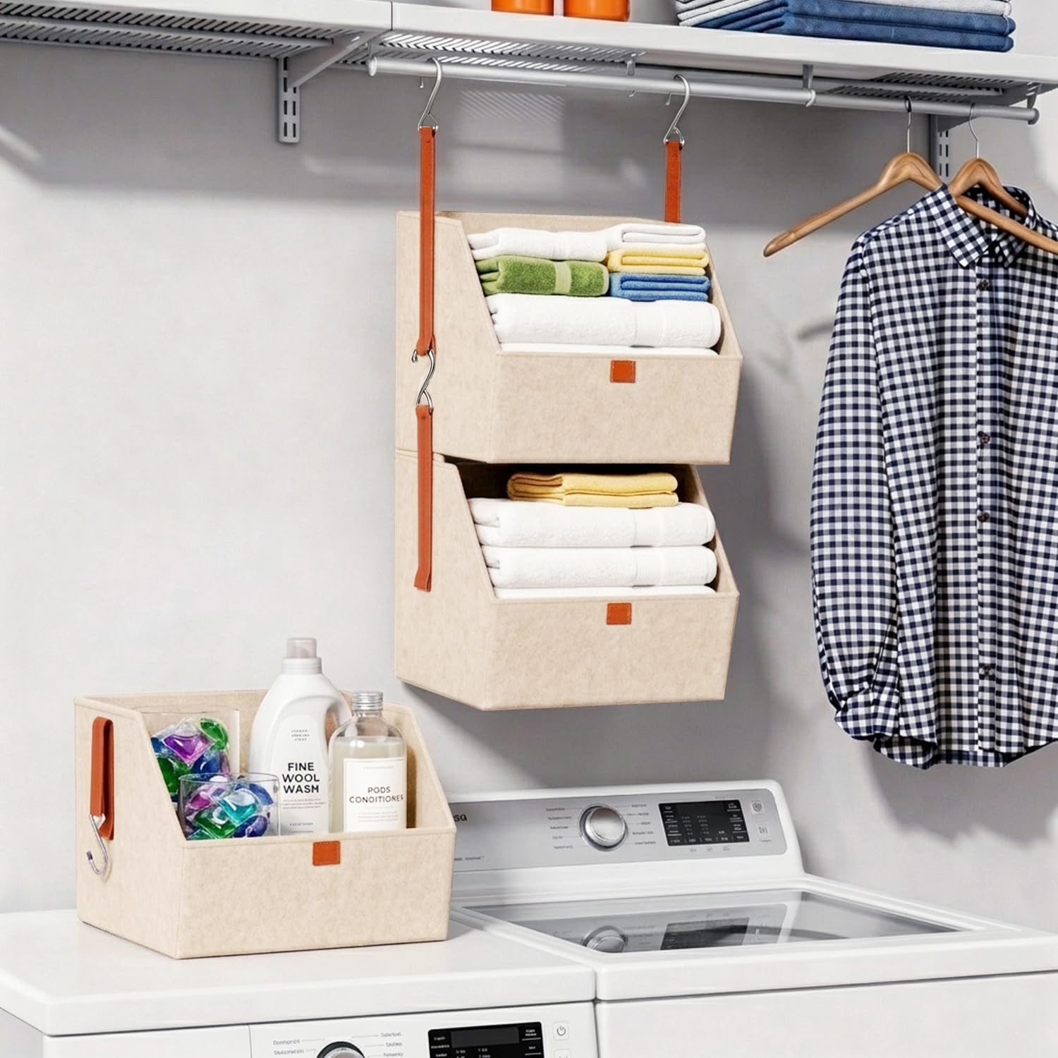 Hanging Closet Organizer 4 Tier, Clothes Hanging Shelves with Foldable Storage Baskets, Space-Saving Closet System for Bedroom, Home, Dorm, RV, Hat, Bags, Shoes