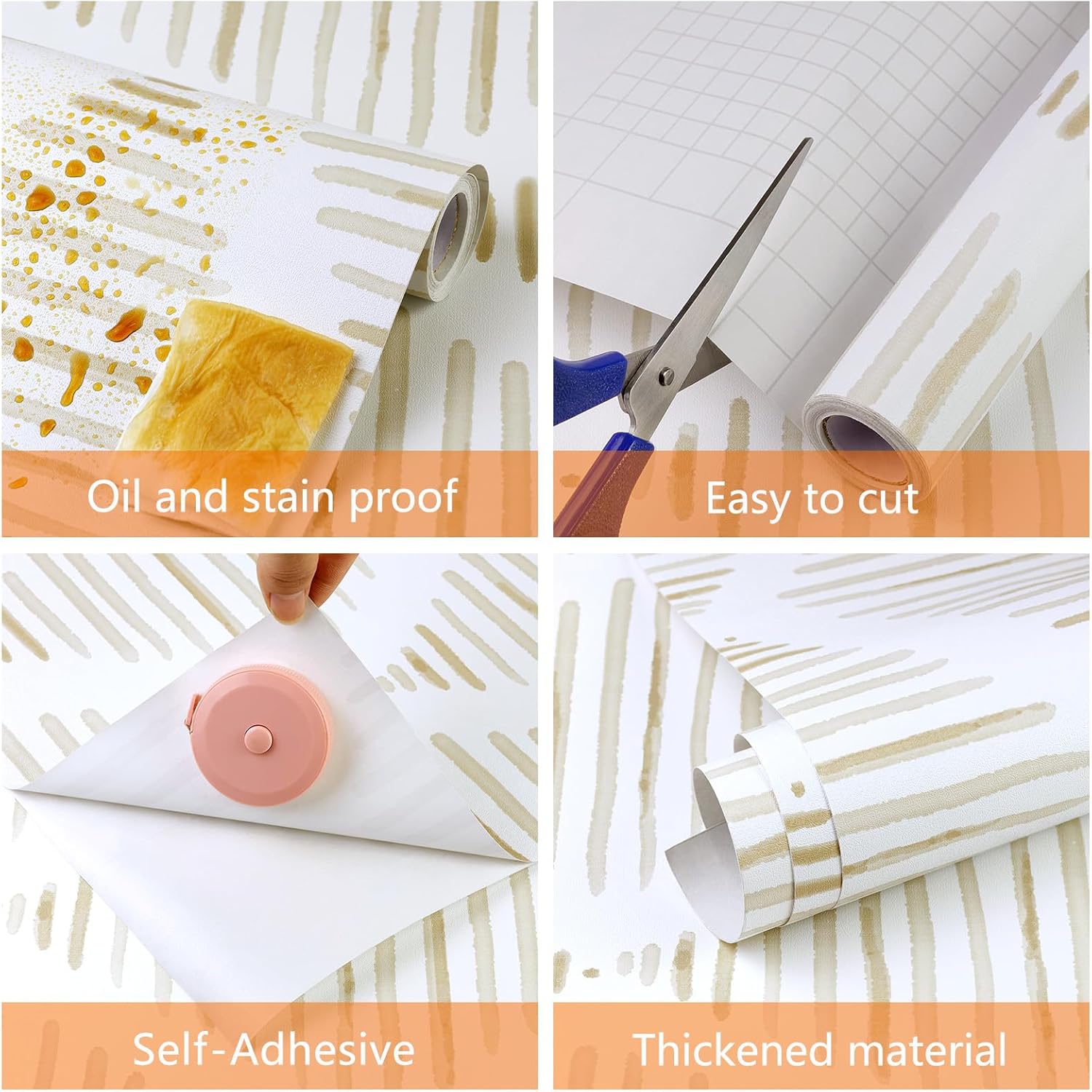 Modern Beige and White Wallpaper 17.3"×480" Geometric Stripe Peel and Stick Wallpaper Contact Paper Removable Self Adhesive Vinyl Wall Paper for Living Room Bedroom