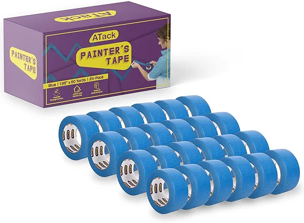ATack Blue Painters Tape Pack - 1.88-Inch, 4320 Feet, 24 Rolls, Delicate Surface, Wide Masking Tape for Walls & Home Painting