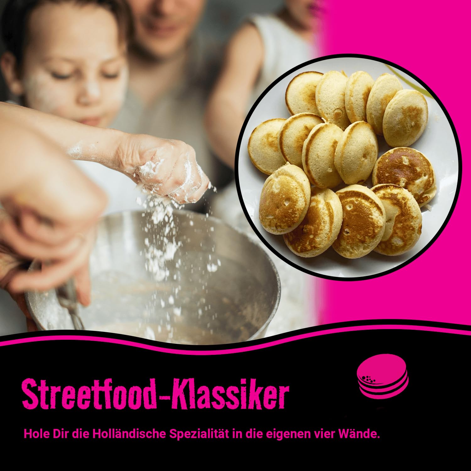 MISTER POFFERTJES Pancake Backmischung für Poffertjes, holländische Mini-Pfannkuchen mit elektrischem Poffertjes Maker, Pancake Mix für 40 Stück, 4-6 Portionen