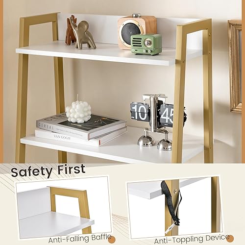 Miniatura 6 de GOFLAME Juego de mesa de tocador con espejo abatible, escritorio de tocador de escalera y taburete acolchado con estantes y compartimentos de