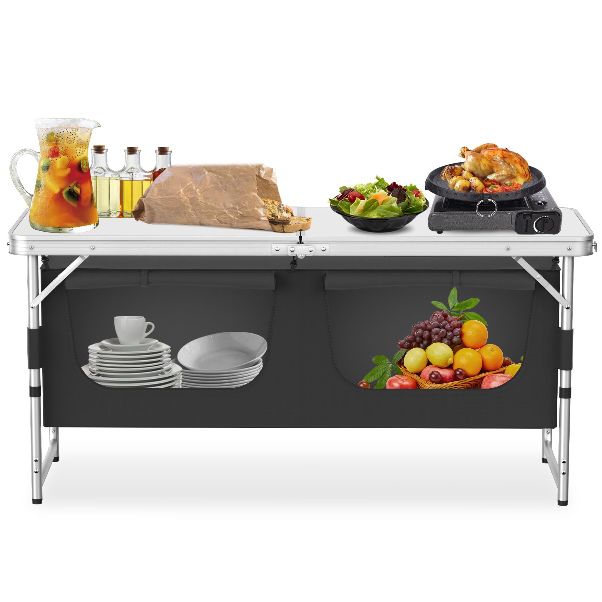 Aufun Campingküche 120x47x62 cm Faltbarer Campingschrank mit Tragetasche 2-Fach Verstellbare Höhe Arbeitsplatte Staufächer