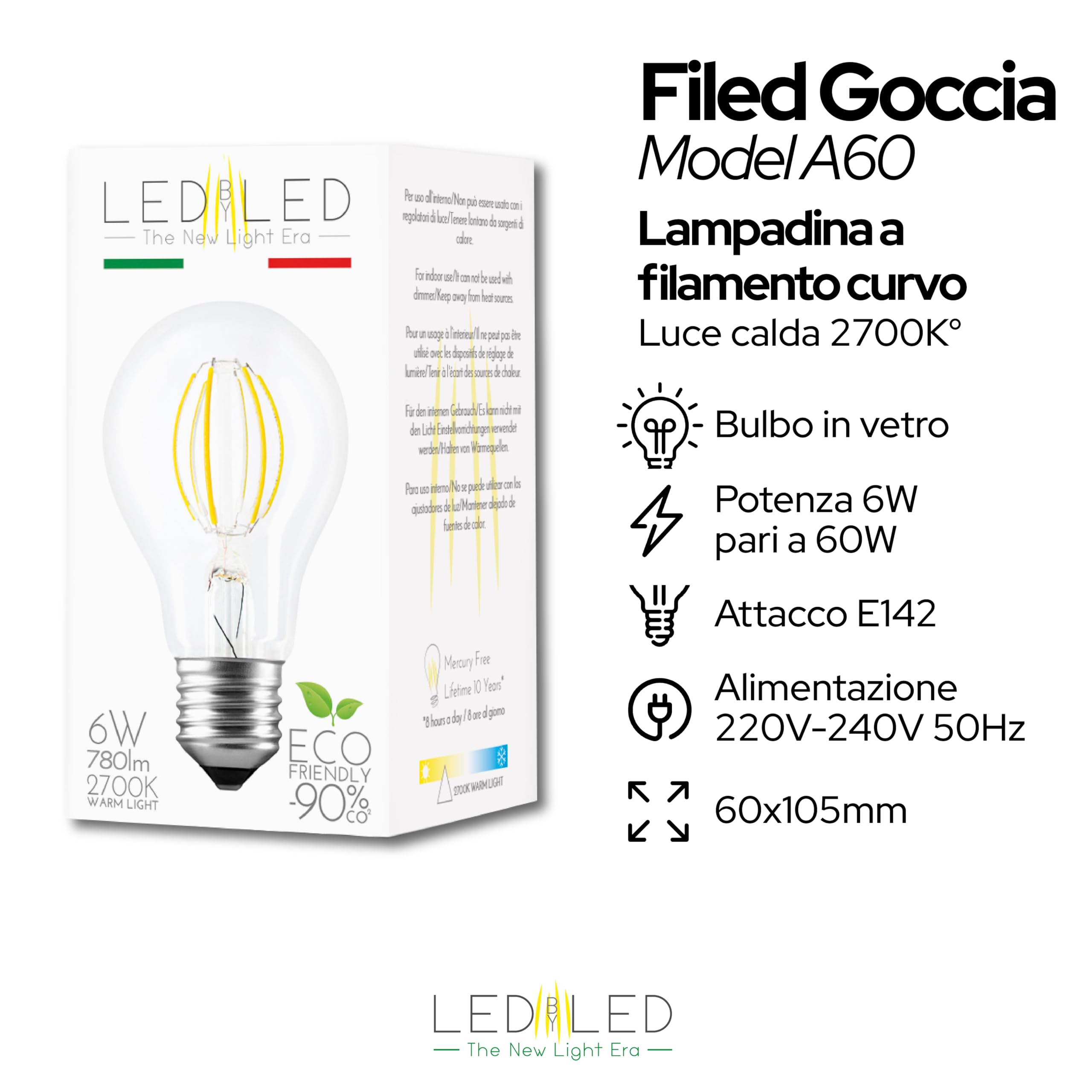 Lampadina Goccia 6W Pari a 60W, E27, Vetro Trasparente, 2700K Luce Calda, Filamento Curvo, 780 Lumen, Pack 10 Pezzi
