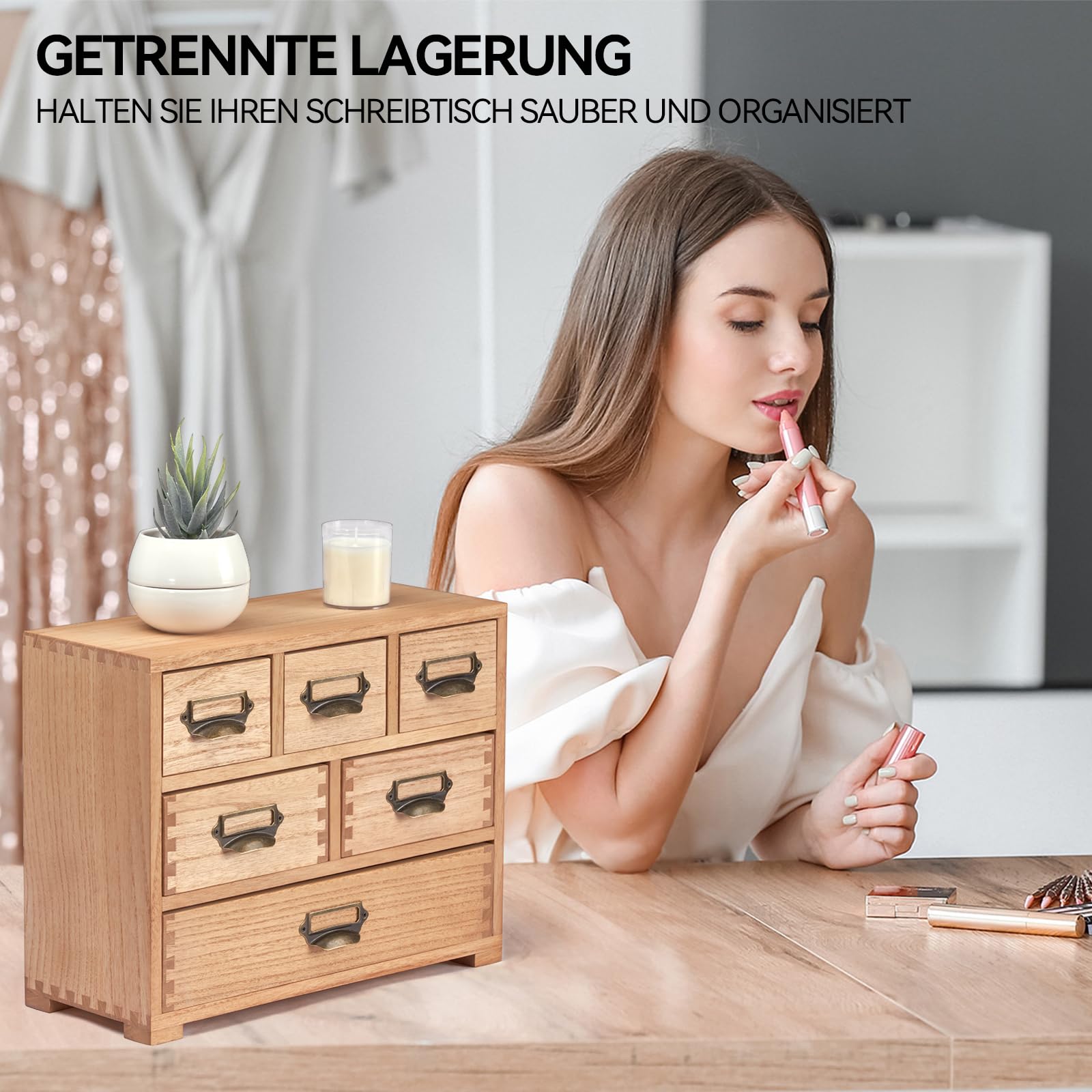 KIRIGEN Schubladenbox, Mini-Kommode, Schreibtisch-Organizer, Natur | 6 Schubladen, Paulownia-Massivholz, 35,7 x 14,2 x 28,1 cm, handgefertigt, fertig montiert, Zapfenverbindungen, mit Pflanzenöl